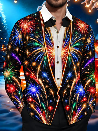 Adaychic Men's Printed Colorful Fireworks Print Long Sleeve Shirt with Chest Pocket