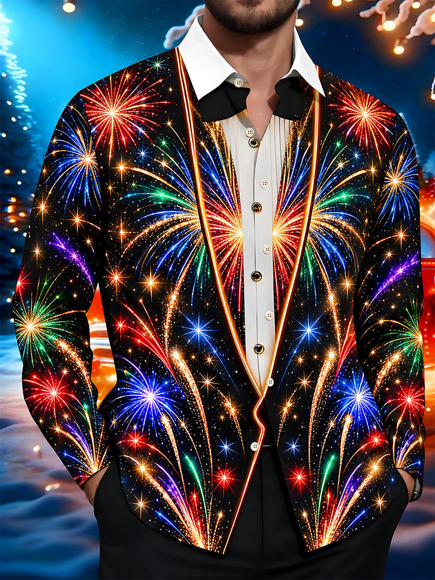 Adaychic Men's Printed Colorful Fireworks Print Long Sleeve Shirt with Chest Pocket