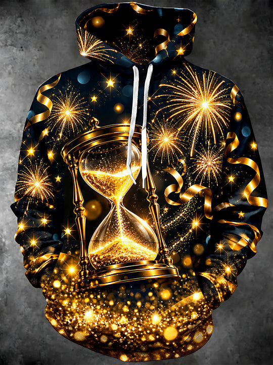 Adaychic Men's Long Sleeve Hoodie - New Year Golden Hourglass With Fireworks Print