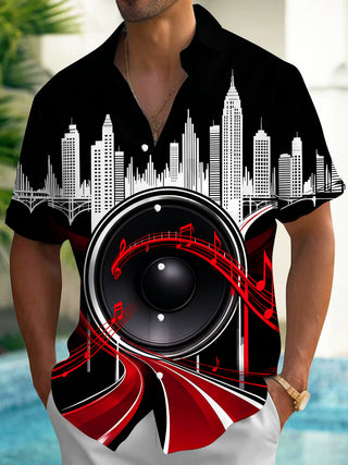 Adaychic Men's Short Sleeve Shirt - City Skyline And Speaker With Musical Notes Print with Chest Pocket