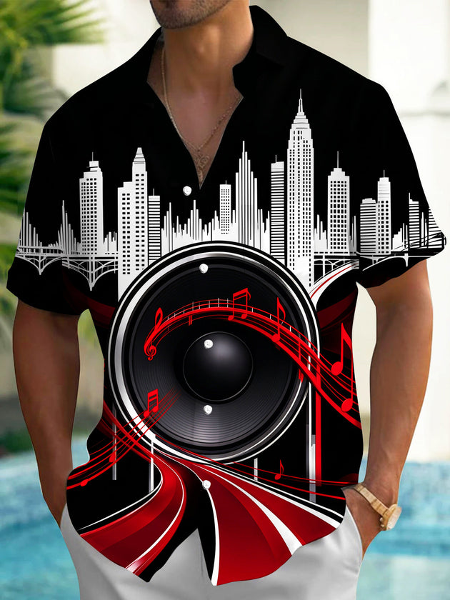 Adaychic Men's Short Sleeve Shirt - City Skyline And Speaker With Musical Notes Print with Chest Pocket
