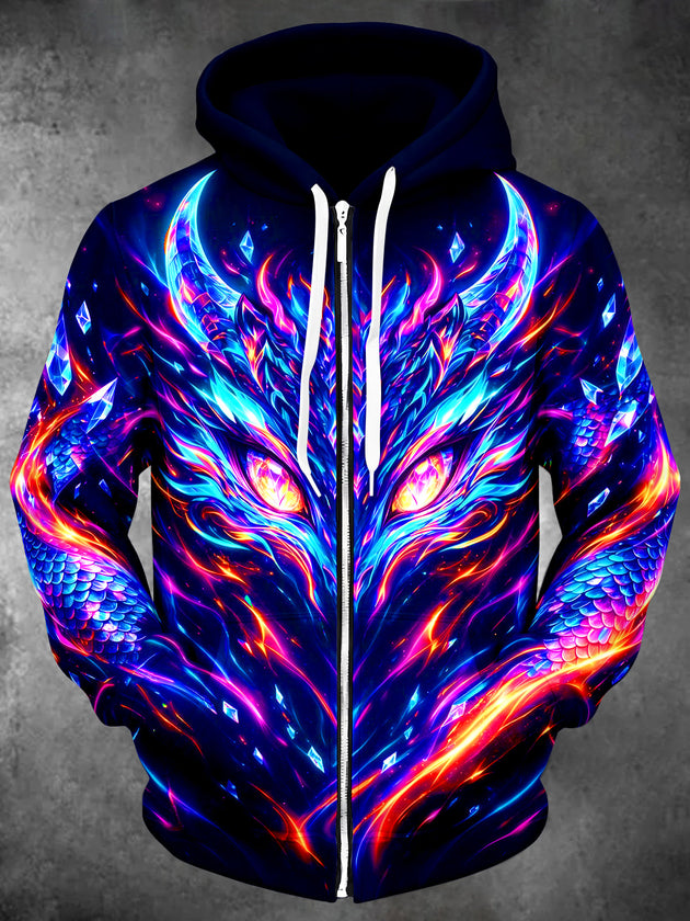 Adaychic Men's Long Sleeve Zip-Up Hoodie - Neon Fantasy Dragon Face With Crystals Print