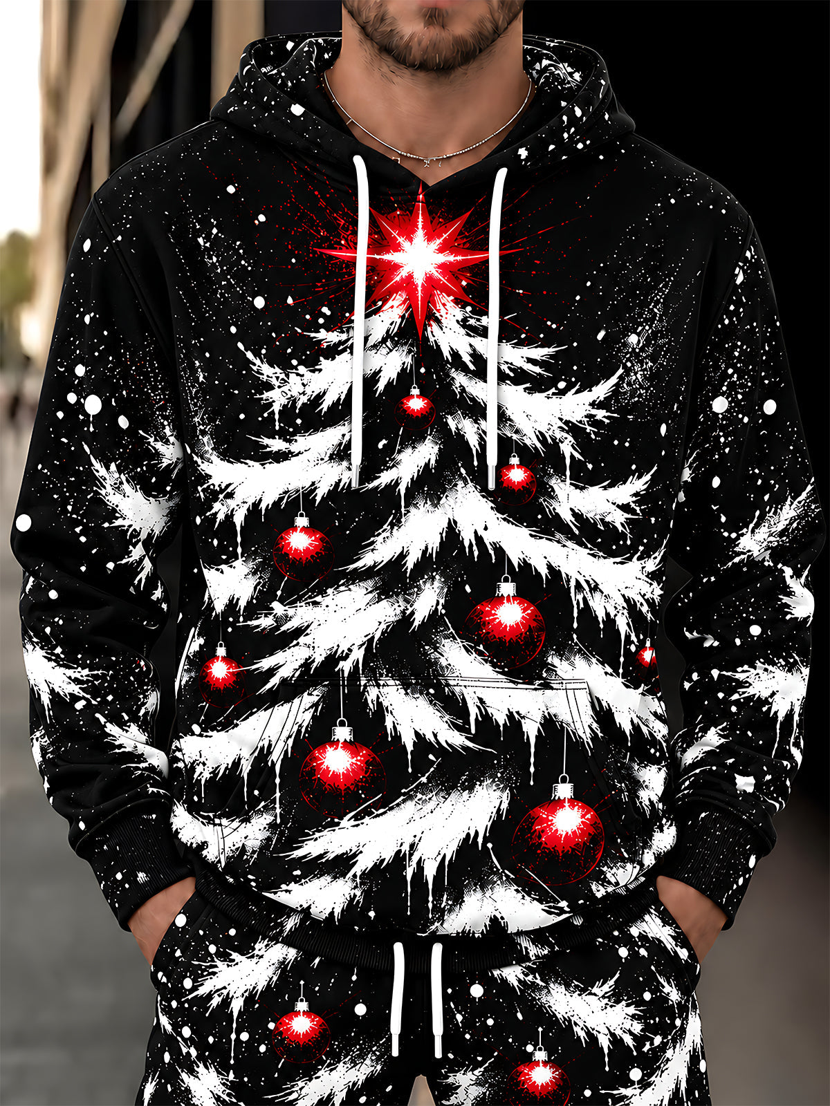 Adaychic Men's Christmas Tree With Ornaments And Star Print Long Sleeve Hoodie