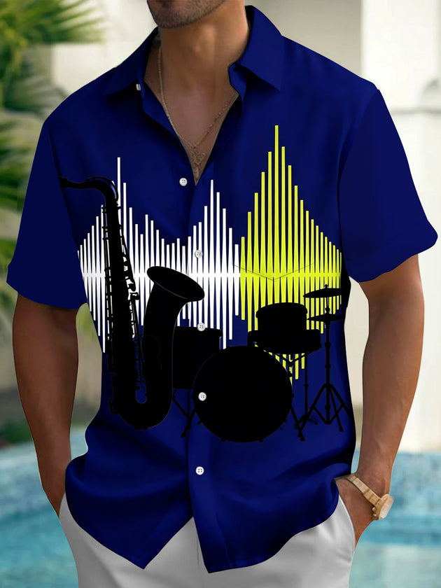 Adaychic Men's Jazz Instruments And Sound Wave Print Short Sleeve Shirt with Chest Pocket
