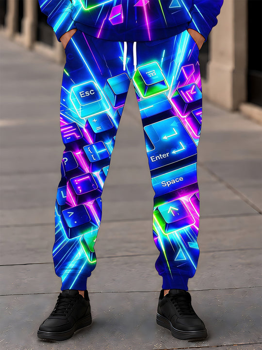 Adaychic Men's Graphic Neon Glowing Keyboard Keys Print Pants