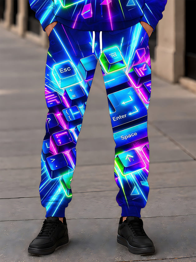 Adaychic Men's Graphic Neon Glowing Keyboard Keys Print Pants