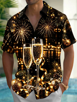 Adaychic Men's Short Sleeve Shirt - Christmas Ornaments And Pine Branches Print New Year New Year Champagne Toast With Fireworks Print
