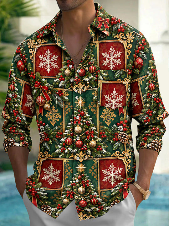 Adaychic Men's Printed Christmas Tree And Ornaments Print Long Sleeve Shirt with Chest Pocket