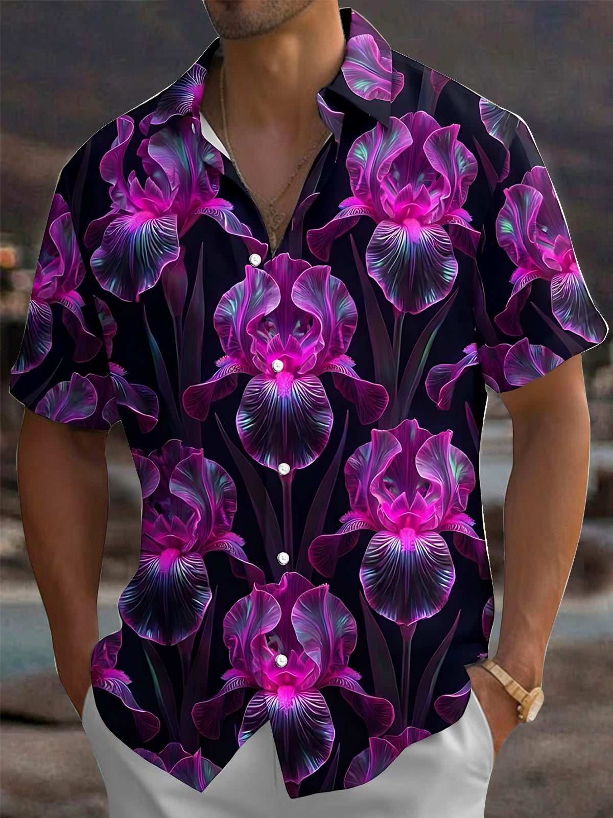 Adaychic Men's Hawaiian Purple Iris Flowers Print Short Sleeve Shirt with Chest Pocket