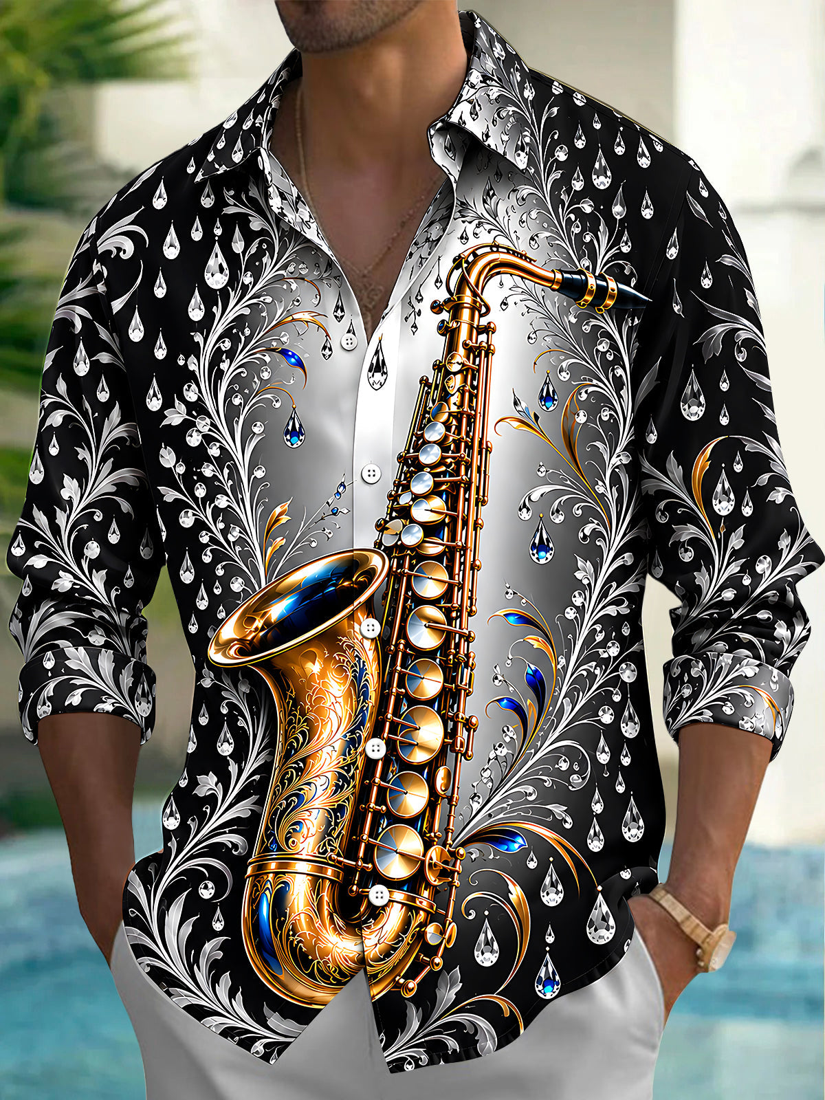 Adaychic Men's Graphic Saxophone And Floral Diamond Pattern Long Sleeve Shirt with Chest Pocket