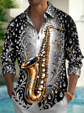 Adaychic Men's Graphic Saxophone And Floral Diamond Pattern Long Sleeve Shirt with Chest Pocket