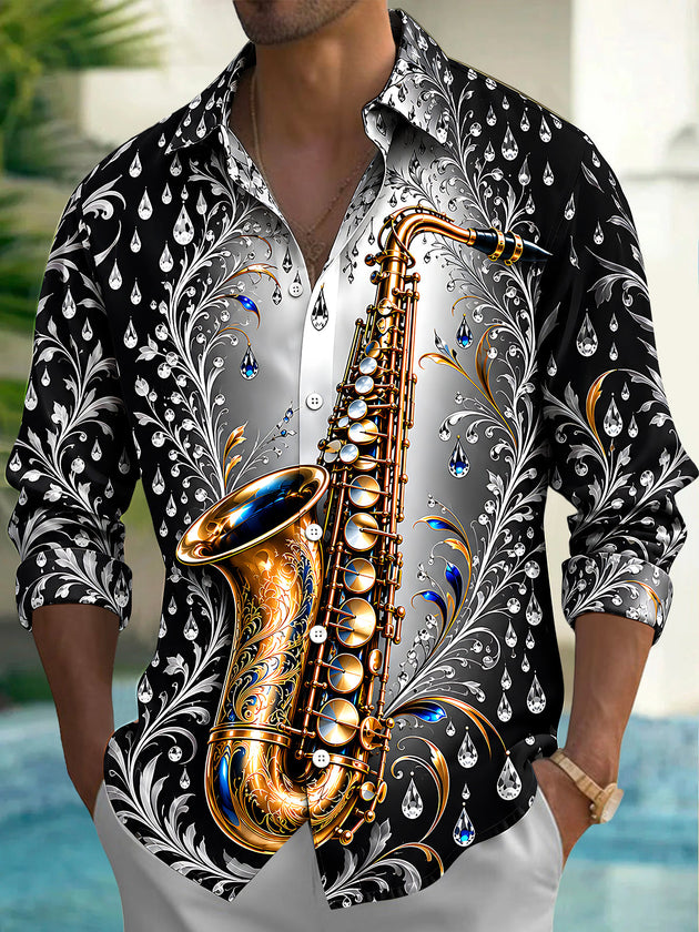 Adaychic Men's Graphic Saxophone And Floral Diamond Pattern Long Sleeve Shirt with Chest Pocket