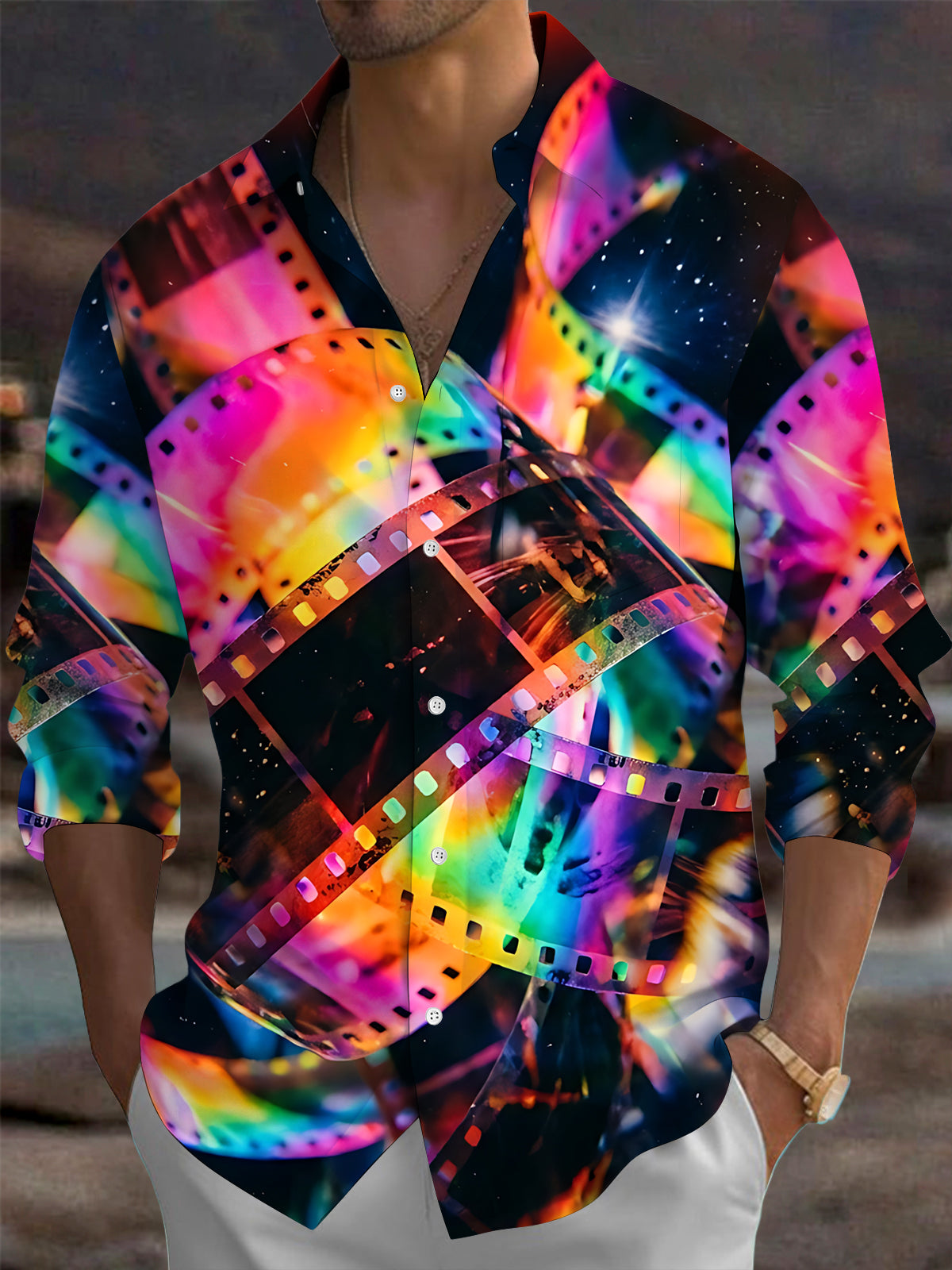 Adaychic Men's Long Sleeve Shirt - Colorful Film Strips And Space Background Print with Chest Pocket