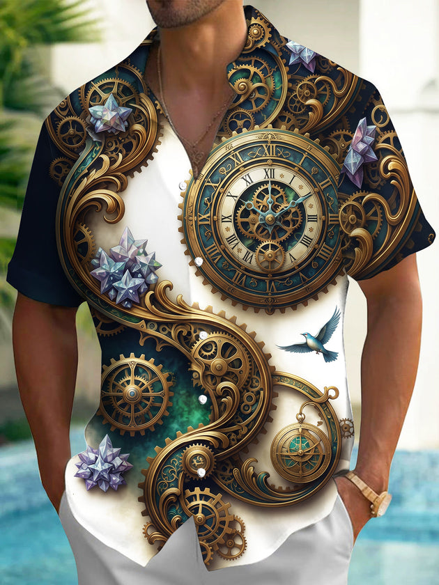 Adaychic Men's Graphic Steampunk Clock Gears And Gems Print Short Sleeve Shirt with Chest Pocket