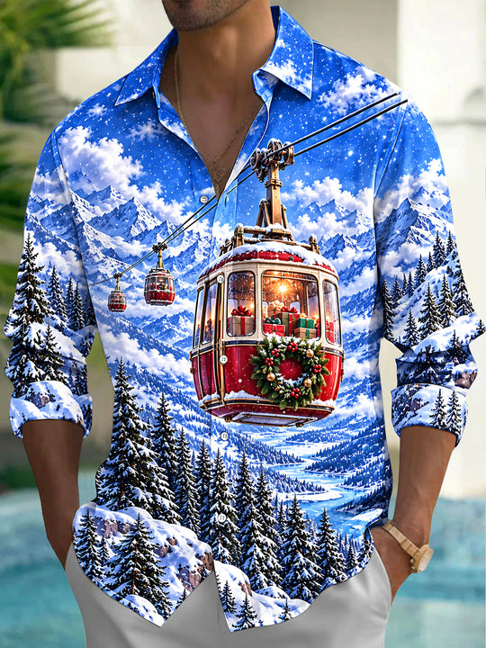 Adaychic Men's Long Sleeve Shirt - Mountain Cable Car With Christmas Gifts And Wreath Print with Chest Pocket