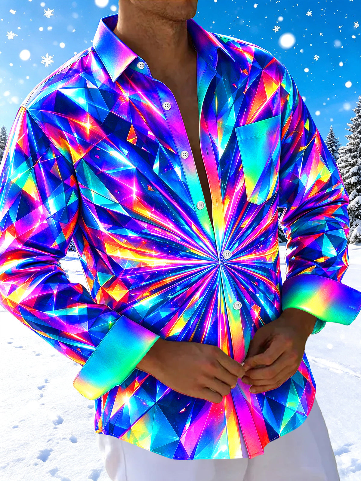 Adaychic Men's 3D Colorful Geometric Prism Pattern Long Sleeve Shirt with Chest Pocket