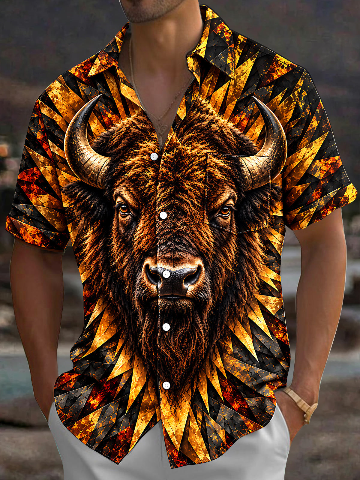 Adaychic Men's Hawaiian African Bison Head Print Short Sleeve Shirt with Chest Pocket