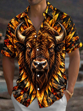 Adaychic Men's Hawaiian African Bison Head Print Short Sleeve Shirt with Chest Pocket