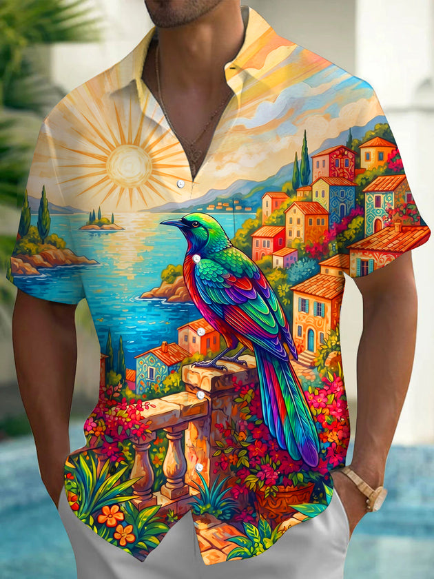 Adaychic Men's Hawaiian Colorful Bird Print Short Sleeve Shirt with Chest Pocket
