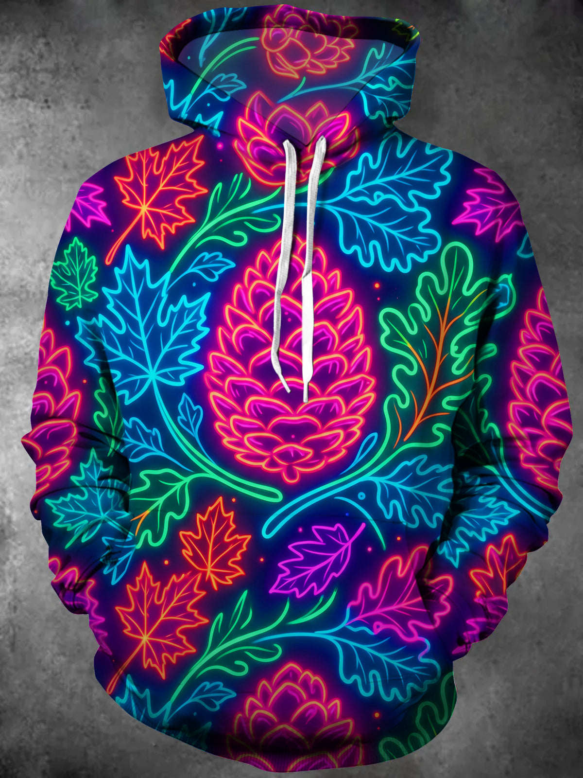 Adaychic Men's Graphic Neon Maple Leaves And Pinecones Print Long Sleeve Hoodie