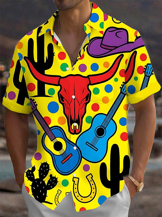 Adaychic Men's Printed Western Cow Skull Print Short Sleeve Shirt with Chest Pocket
