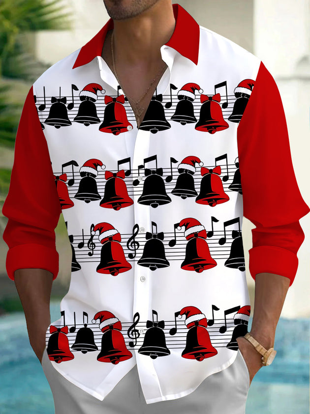 Adaychic Men's Long Sleeve Shirt - Christmas Bells And Musical Notes With Santa Hats Print with Chest Pocket