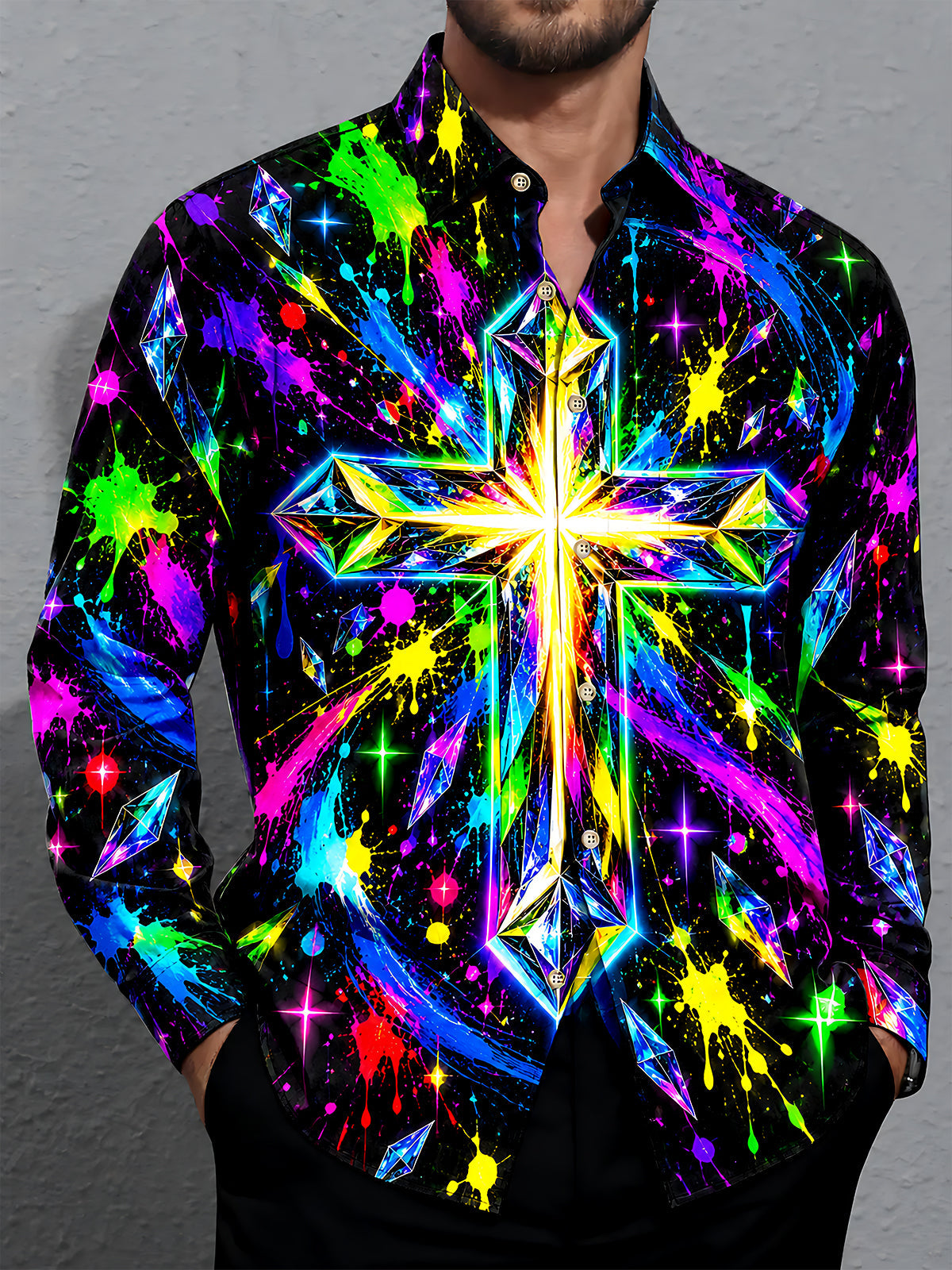 Adaychic Men's Neon Crystal Cross And Paint Splatters Print Long Sleeve Shirt with Chest Pocket