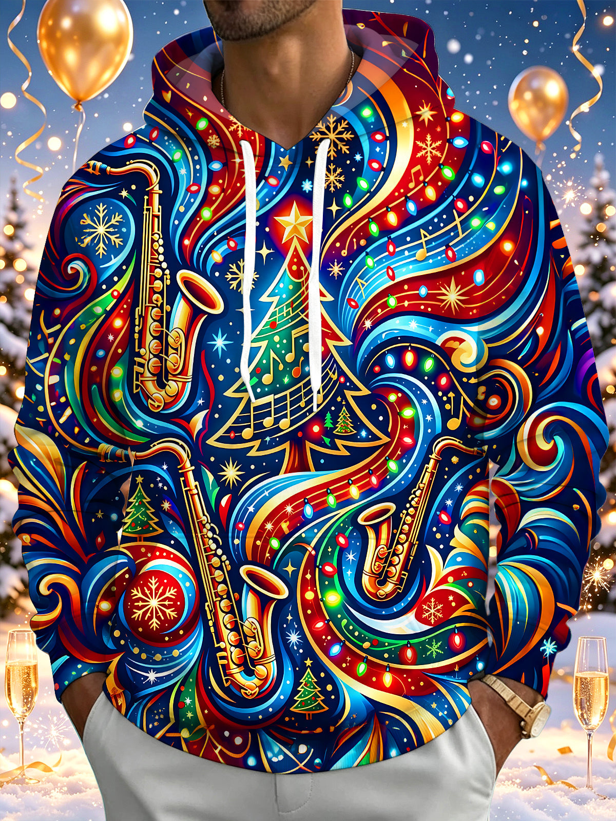 Adaychic Men's Graphic Christmas Music Print Saxophone Print Long Sleeve Hoodie