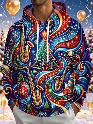 Adaychic Men's Graphic Christmas Music Print Saxophone Print Long Sleeve Hoodie