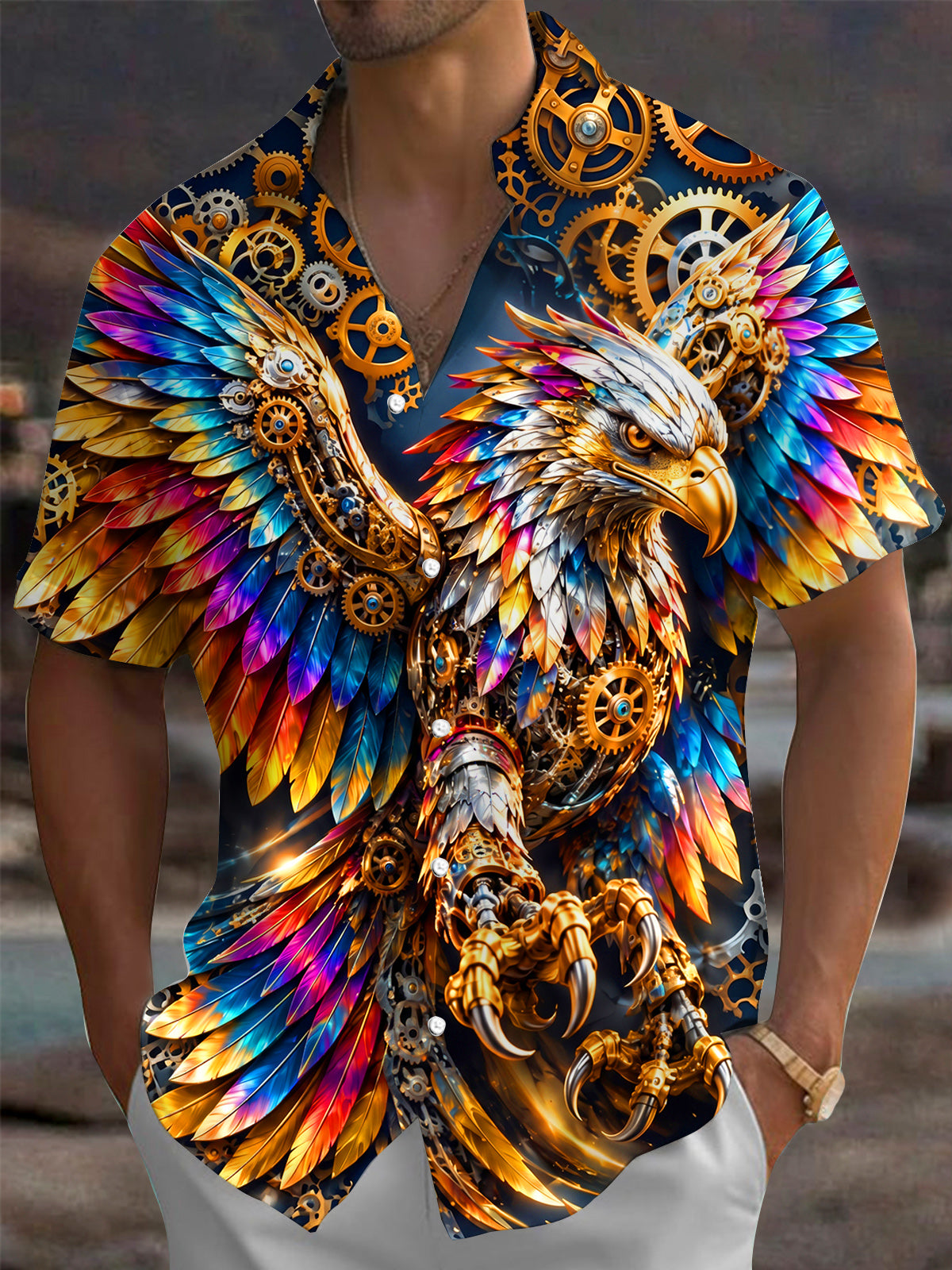 Adaychic Men's Short Sleeve Shirt - Steampunk Eagle With Gears And Colorful Feathers Print with Chest Pocket