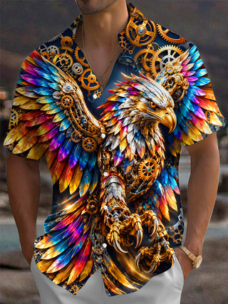 Adaychic Men's Short Sleeve Shirt - Steampunk Eagle With Gears And Colorful Feathers Print with Chest Pocket
