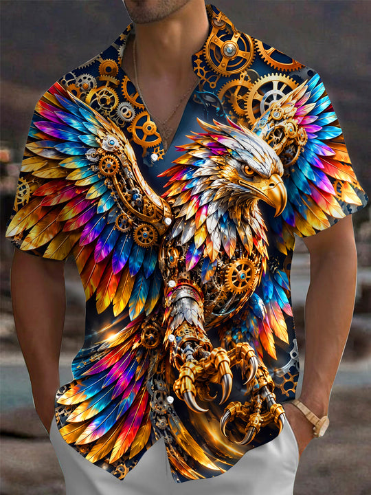 Adaychic Men's Short Sleeve Shirt - Steampunk Eagle With Gears And Colorful Feathers Print with Chest Pocket