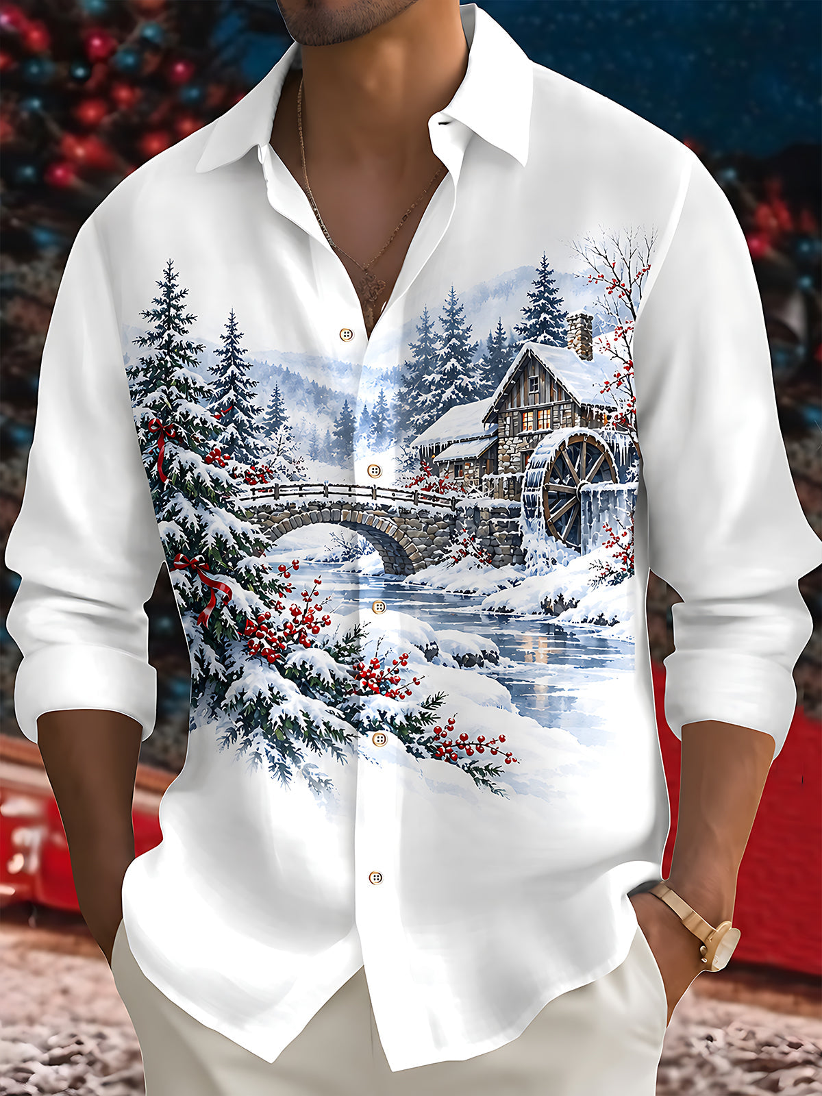 Adaychic Men's Long Sleeve Shirt - Winter Snowy Landscape With Wooden House And Waterwheel Print with Chest Pocket
