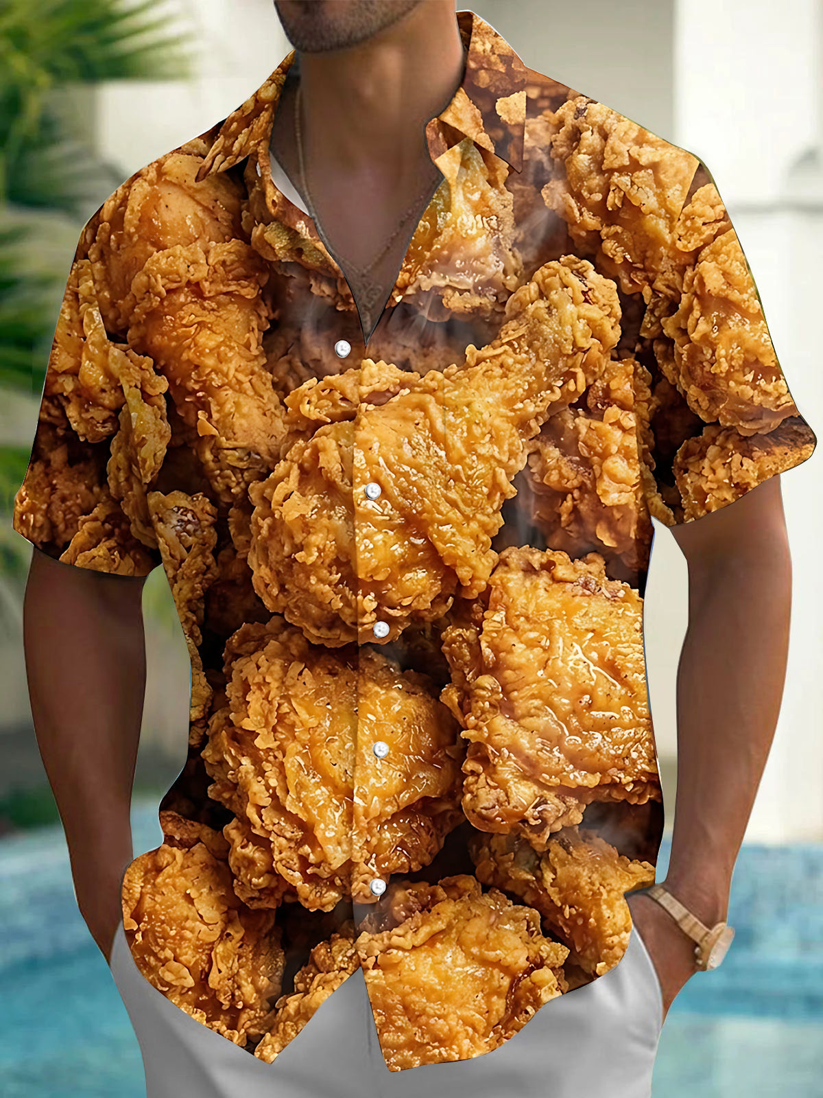 Adaychic Men's Hawaiian Fried Chicken Print Short Sleeve Shirt with Chest Pocket