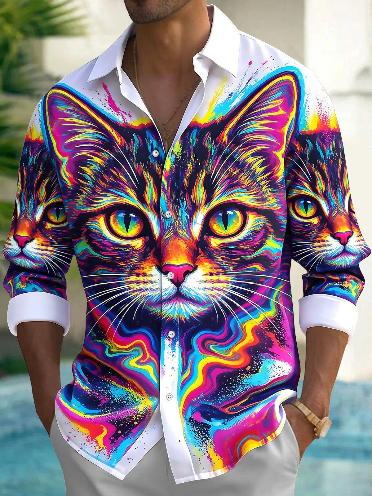 Adaychic Men's Graphic Neon Colorful Cat Faces Print Long Sleeve Shirt with Chest Pocket