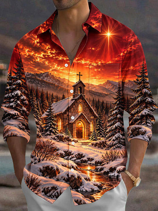 Adaychic Men's Long Sleeve Shirt - Winter Church Landscape With Snow And Mountains Print with Chest Pocket