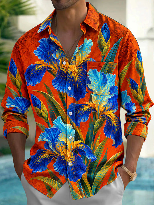 Adaychic Men's Blue Iris Flowers And Green Leaves Print Long Sleeve Shirt with Chest Pocket