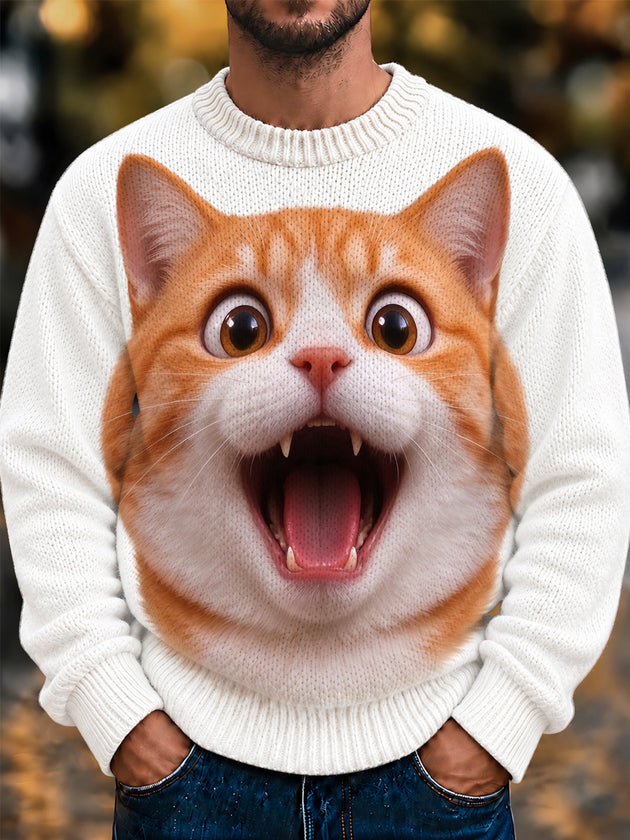 Adaychic Men's Surprised Orange Cat Face Print Long Sleeve Crew Neck Sweater