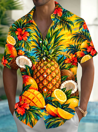 Adaychic Men's Hawaiian Pineapple And Tropical Fruits Print Short Sleeve Shirt with Chest Pocket