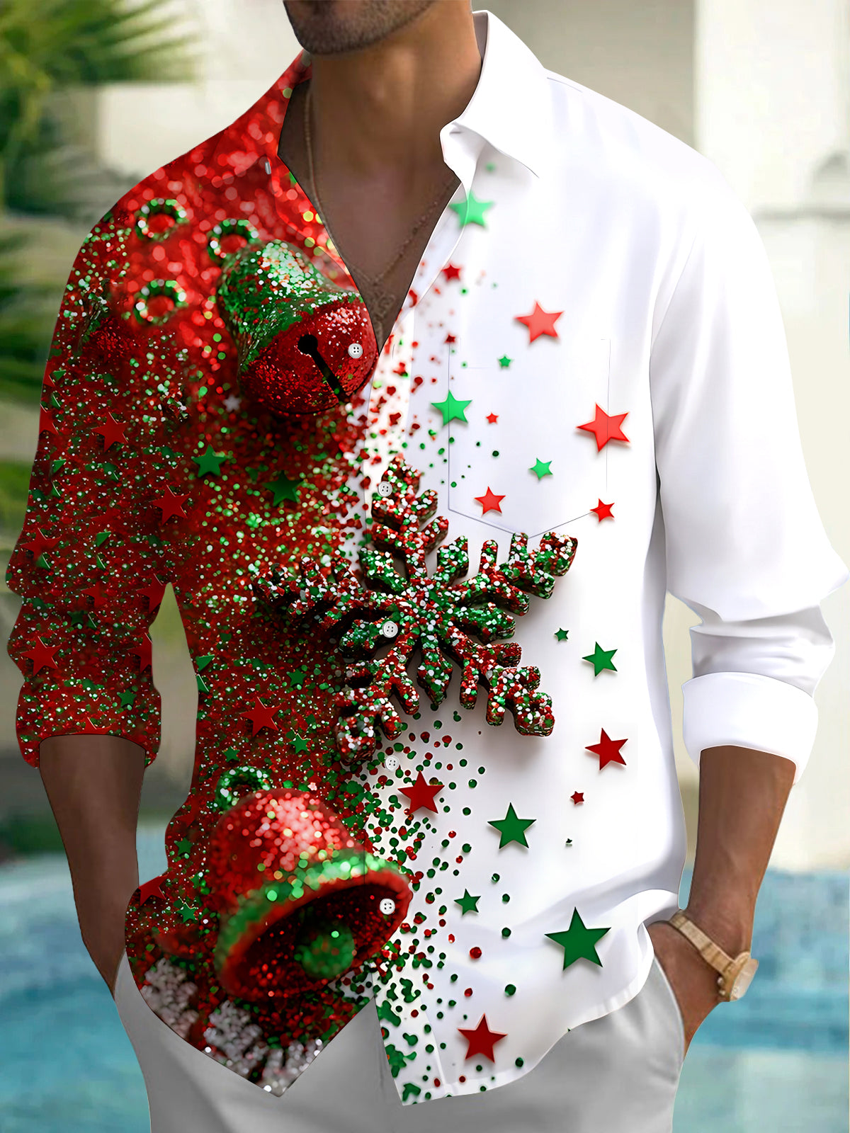 Adaychic Men's Graphic Christmas Bells And Snowflakes Print Long Sleeve Shirt with Chest Pocket