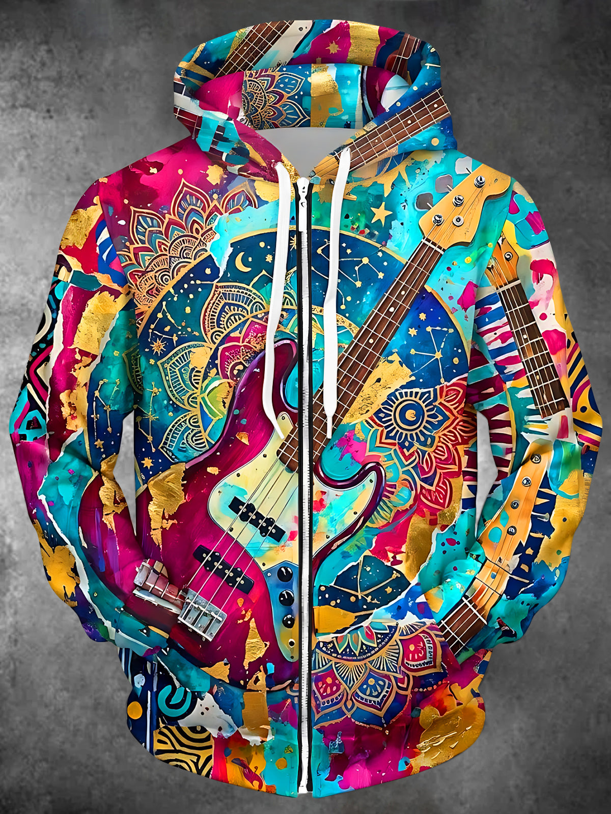 Adaychic Men's Electric Guitar And Mandala Pattern Long Sleeve Zip-Up Hoodie