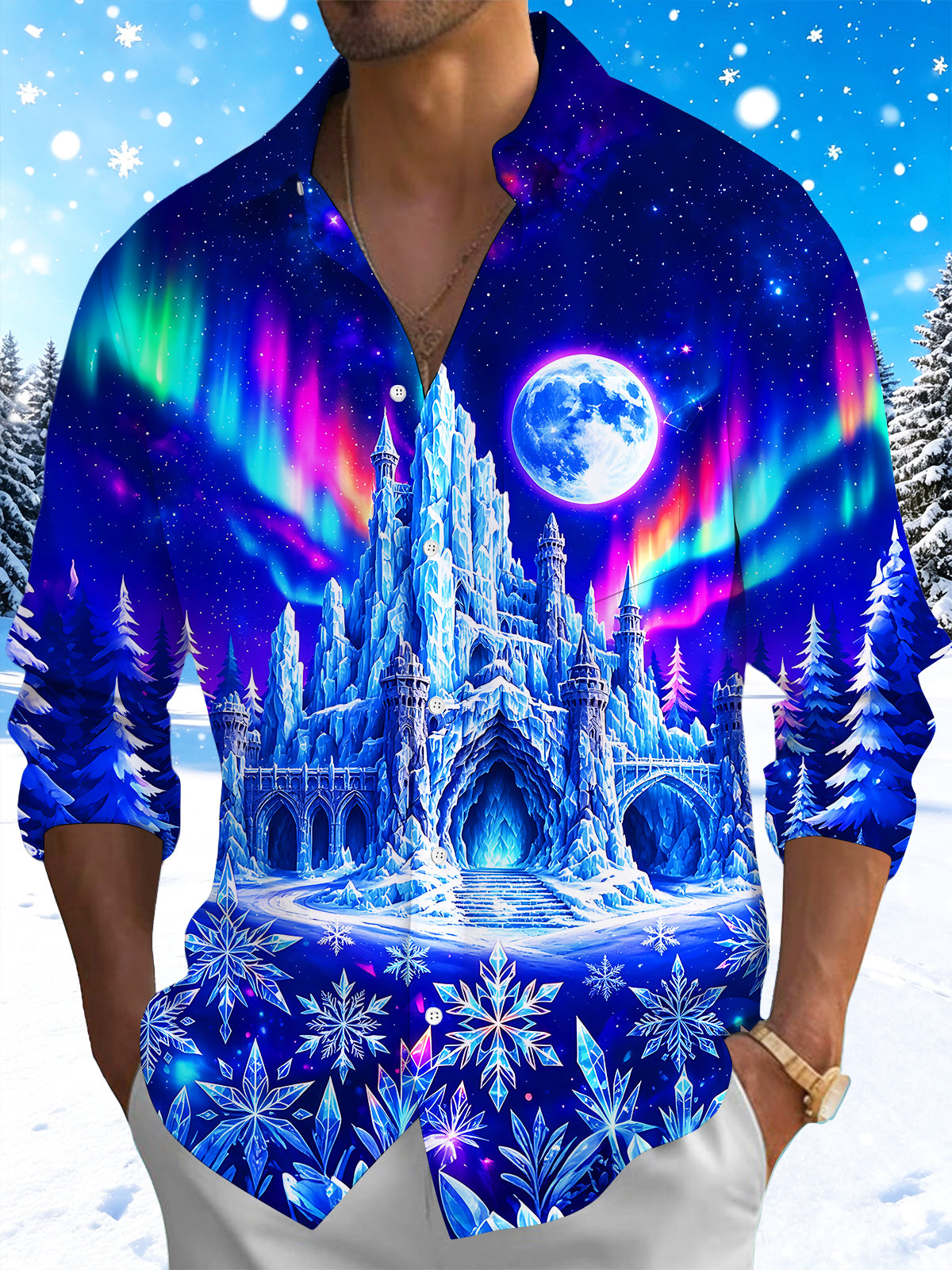 Adaychic Men's Graphic Ice Castle And Full Moon Print Long Sleeve Shirt with Chest Pocket