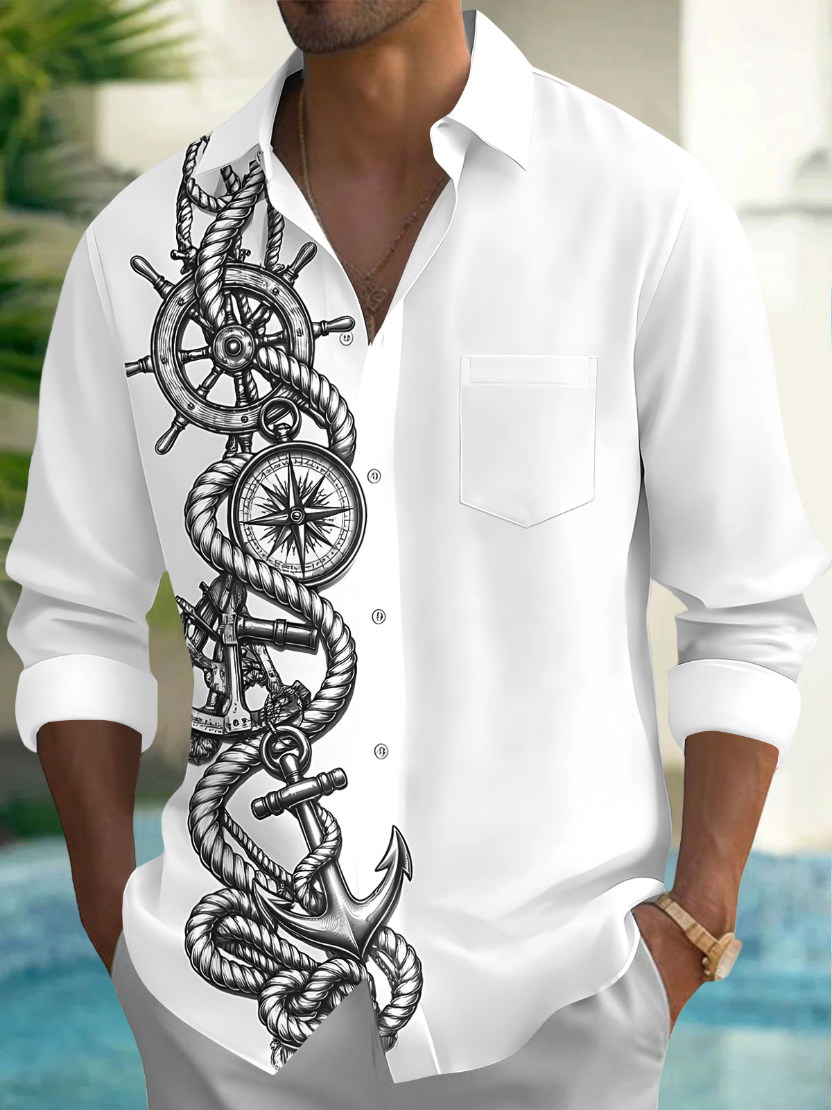 Adaychic Men's Nautical Rope And Compass With Anchor Print Long Sleeve Shirt with Chest Pocket
