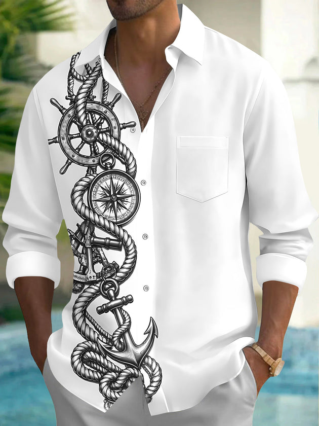 Adaychic Men's Nautical Rope And Compass With Anchor Print Long Sleeve Shirt with Chest Pocket