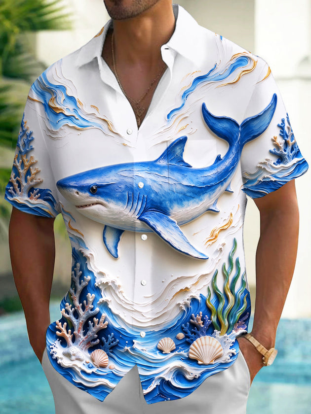 Adaychic Men's Graphic 3D Embossed Shark Print Short Sleeve Shirt with Chest Pocket
