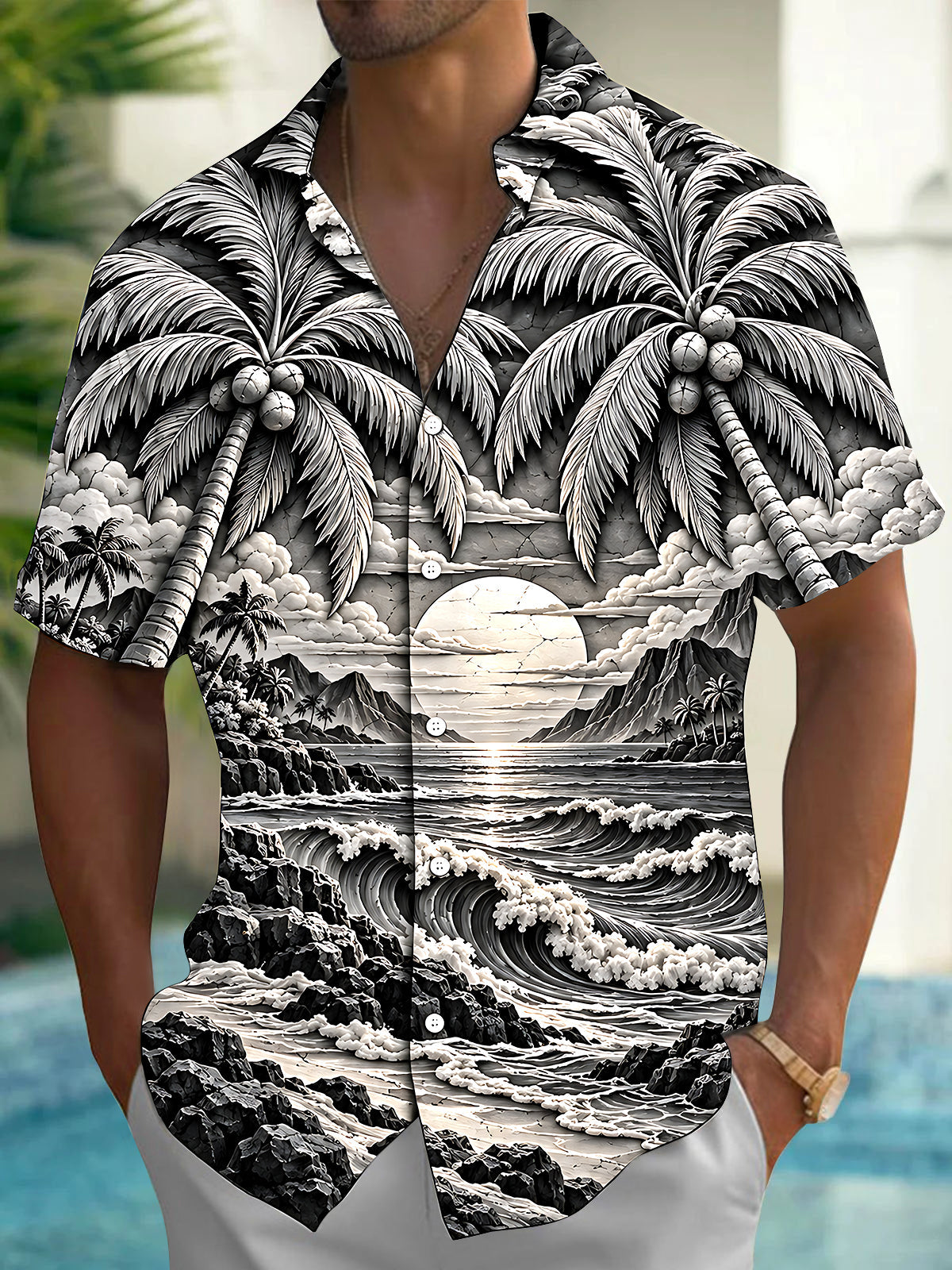 Adaychic Men's Hawaiian Palm Trees And Coconuts Print Short Sleeve Shirt with Chest Pocket