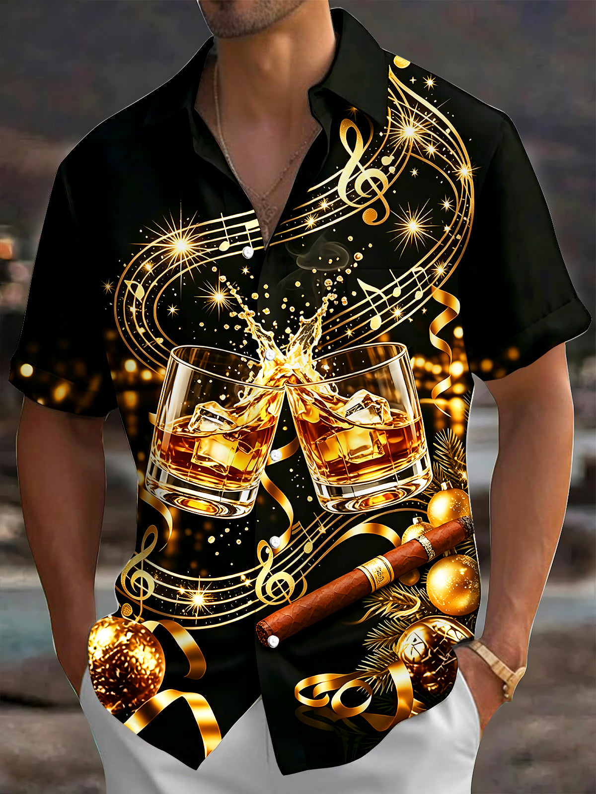 Adaychic Men's Short Sleeve Shirt - Cigar And Christmas Ornaments Print Whiskey Glasses And Music Notes Print with Chest Pocket