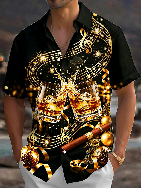 Adaychic Men's Short Sleeve Shirt - Cigar And Christmas Ornaments Print Whiskey Glasses And Music Notes Print with Chest Pocket
