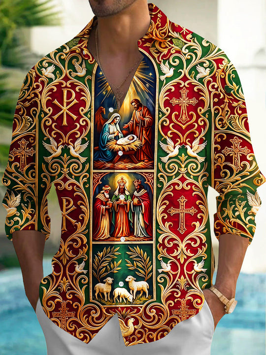 Adaychic Men's Long Sleeve Shirt - Nativity Scene With Mary Joseph Baby Jesus And Three Wise Men Print with Chest Pocket