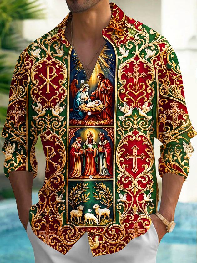 Adaychic Men's Long Sleeve Shirt - Nativity Scene With Mary Joseph Baby Jesus And Three Wise Men Print with Chest Pocket